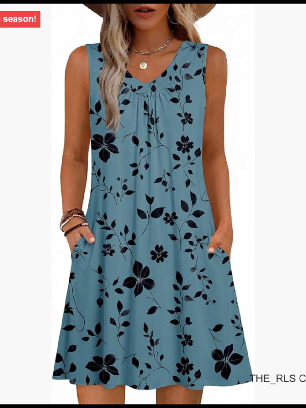 Sleeveless V-Neck Pleated Sundress with Pockets, Polyester Spandex